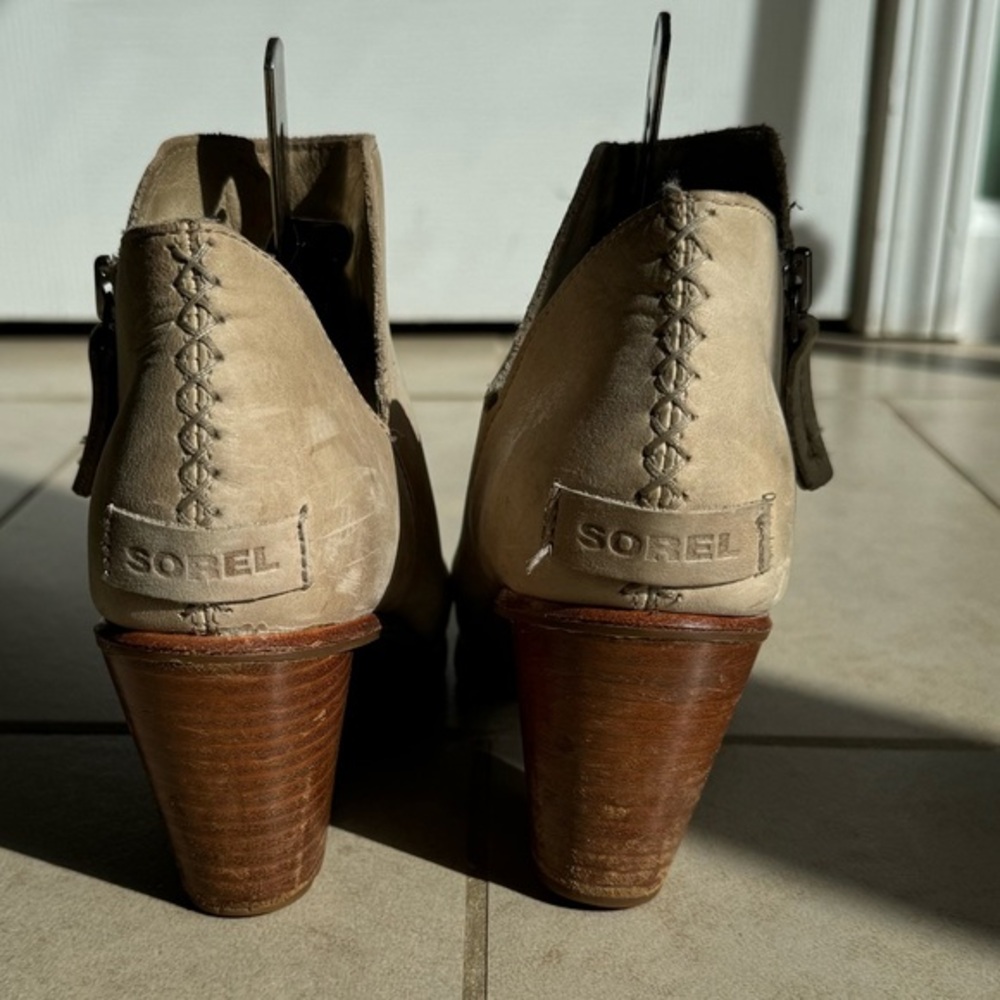 Sorel Nadia Peep Toe Ankle Neutral Leather‎ Beige Booties Shoes Women's Size 6.5 - Picture 3 of 8